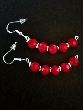 Half Hoop Red 2 1/2" Bead Dangle Earrings - With Silver Tone - Women